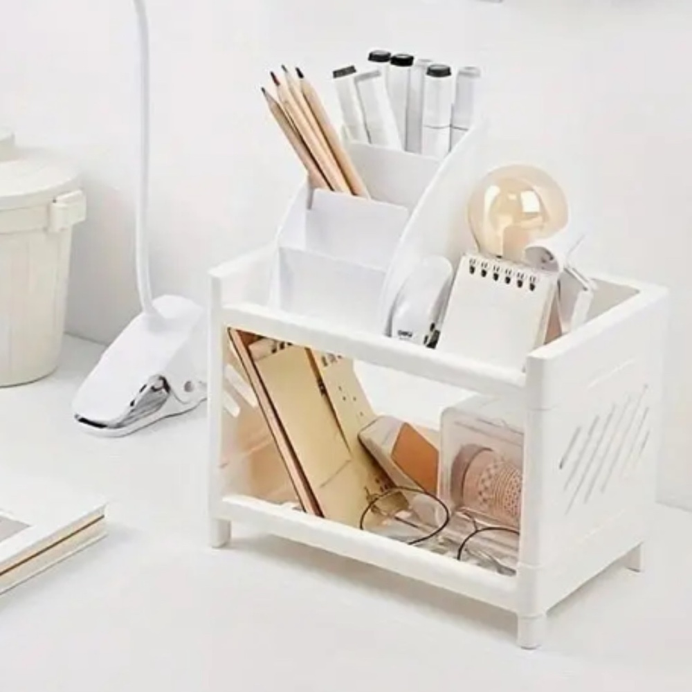 White Plastic Desktop Storage Rack -Multi-Functional Rectangular Organizer Shelf - Picture 6 of 8